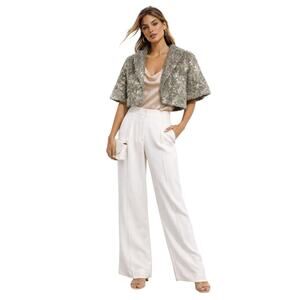 ISLE APPAREL Women's Cropped Short Sleeve Sequin Faux Fur Jacket Gray Size Small